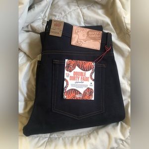 Naked & Famous Double Dirty Fade Selvedge Jeans Weird Guy Custom Veg Tan Patch